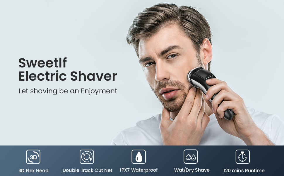 Електричний гоління для чоловіків SweetLF [2023 Neu] з 3D-головкою, LED-дисплеєм, 3 змінні насадки та зарядним пристроєм, IPX7 водонепроникний, чорно-сірий