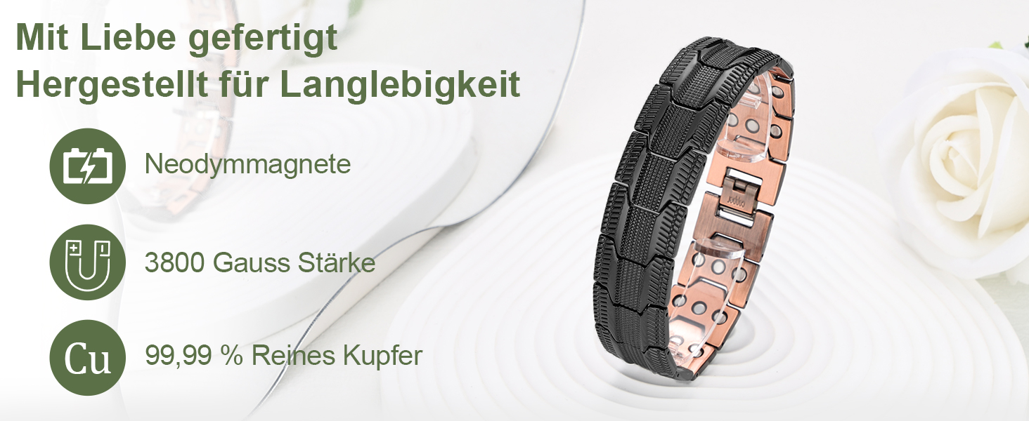 Браслет чоловічий MagEnergy з міді, 3 магніти, регульована довжина, чорний