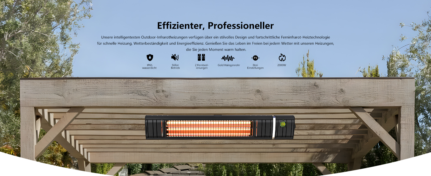 Інфрачервовий обігрівач для тераси 2000W, електричний, 3 режими, IP65, для саду, балкону та тераси (чорний)