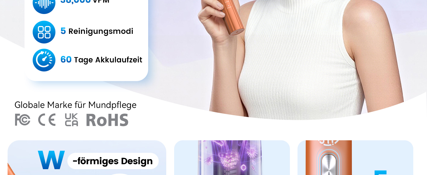 Електрична звукова зубна щітка JTF з УФ-дезінфекцією та сушінням, бездротова зарядка, 5 режимів чищення, 6 насадок, стаканчик для полоскання, акумуляторна для дому та подорожей (Помаранчева)