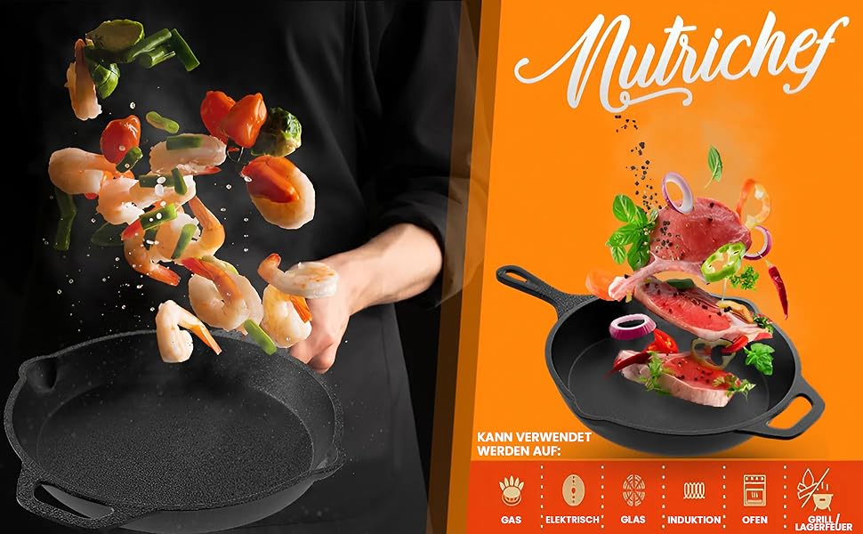 Сковорода NutriChef 30 см з кришкою, антипригарна, з високим бортом, литий чавун, ергономічна силіконова ручка, для індукції, газу, кераміки, електроплит, PFOA- і PFOS-free, 3 предмети