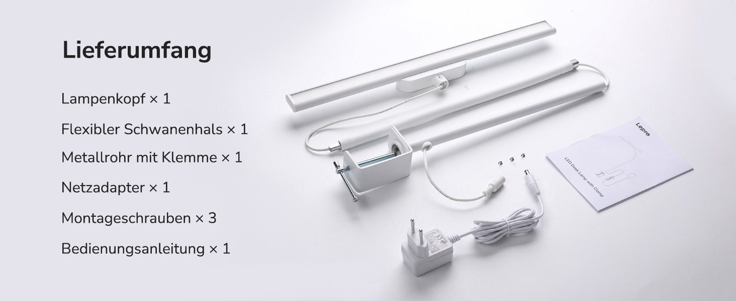 LED настільна лампа Lepro 11W з кліпсою, диммер, 5 режимів кольору та яскравості, гнучкий регульований штатив для дому, офісу, білого кольору