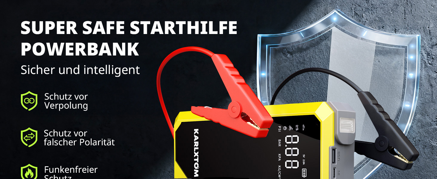 Powerbank для авто Karlxtom з компресором 190PSI, 88Wh, 4500A, LED-ліхтар, LCD-дисплей, для бензинових та дизельних двигунів (до 10L)