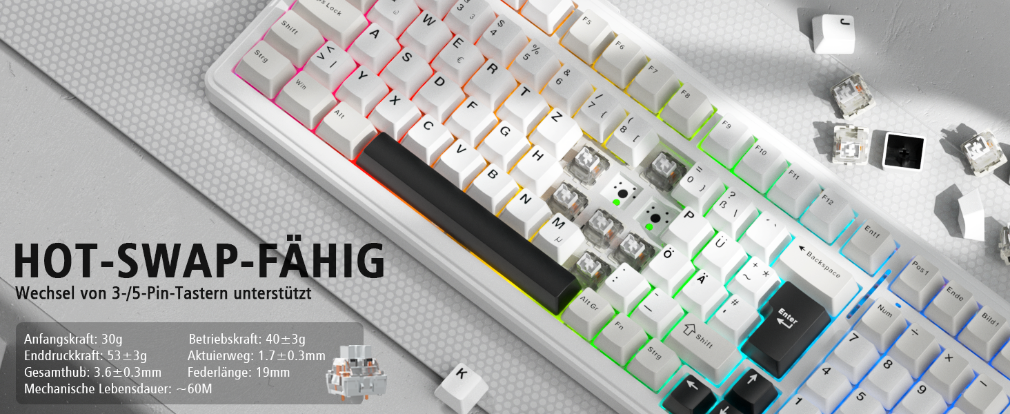 Механічна ігрова клавіатура AULA F99 з підсвічуванням RGB, PBT-клавіші, 8000mAh, 95% розмір, Bluetooth 5.0/2.4G/USB-C, Hot-Swap, Gasket Structure