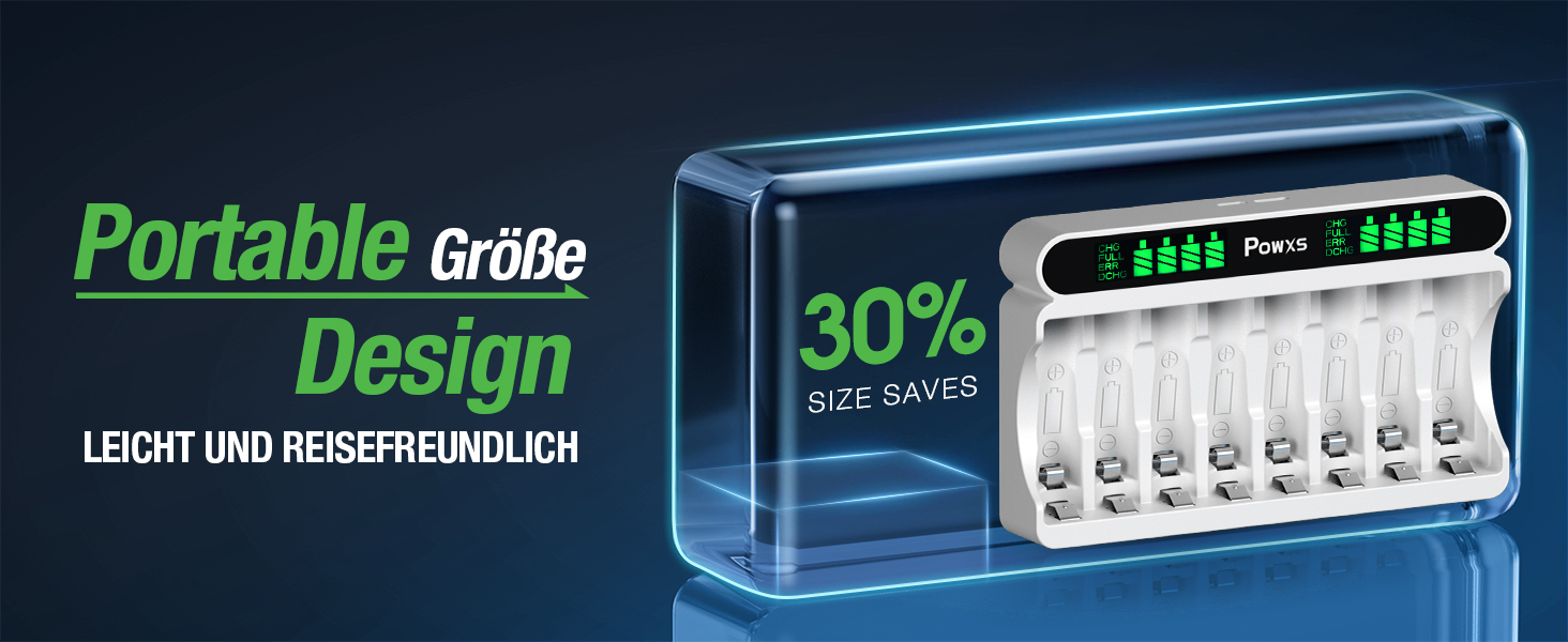 Зарядний пристрій POWXS для акумуляторів NI-MH NI-CD AA/AAA, 8 слотів, LCD дисплей, швидка зарядка Micro USB/Type-C