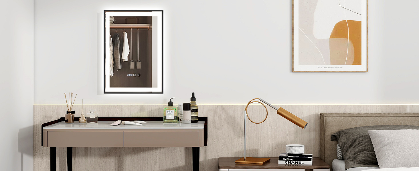 Дзеркало YOURLITE з підсвічуванням 70x50 см, LED дзеркало для ванної кімнати з годинником, сенсорне керування, 3 кольори світла, регулювання яскравості, антизапар, пам'ять, срібний (чорний-5070)