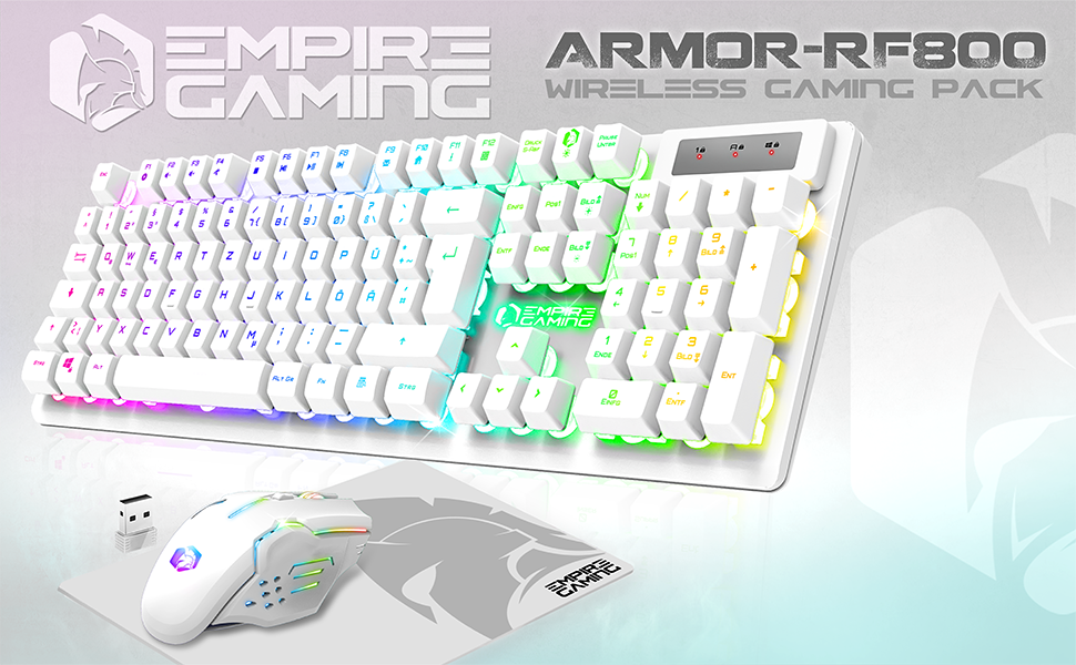 Ігровий набір клавіатури та миші EMPIRE GAMING Armor RF800 Wireless (QWERTZ, DE-layout) – бездротовий комплект з підсвічуванням RGB, 2.4GHz, 4800 DPI, з килимком для миші, сумісний з PC, PS4, PS5, Xbox One/Serie, Mac, білий