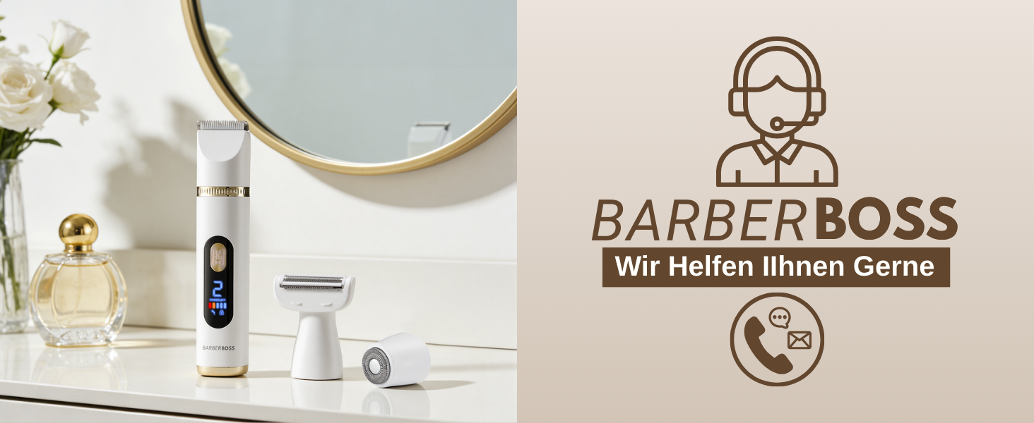 Електричний тример-голениця для жінок 3-в-1 BarberBoss SmoothCare для тіла, бікіні та обличчя, з 4 насадкою-гребінцями та LED-дисплеєм (Білий, Шампань)