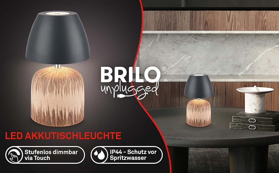 LED лампа BRILONER настільна бездротова IP44 з торканням, регульована яскравість, керамічний цоколь, нічник, лампа для читання, декоративна лампа, настільна лампа, акумуляторна лампа, для вулиці, 13,5x22 см, (антрацит-дерево)