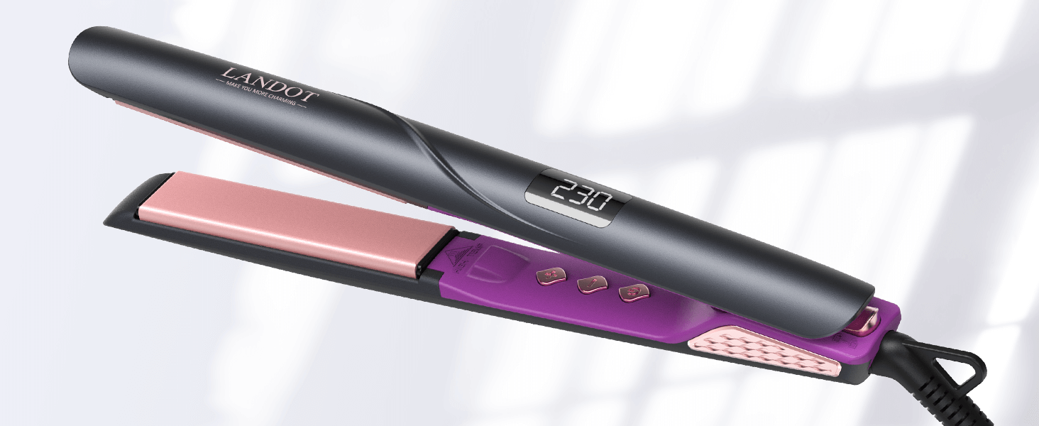 LANDOT Випрямляч для волосся з широкою керамічною поверхнею – професійний випрямляч з 12 температурними режимами (120–230°C), рівномірним розподілом тепла для блискучого волосся, швидким нагрівом, рожеве золото 45 мм (чорний 25 мм)
