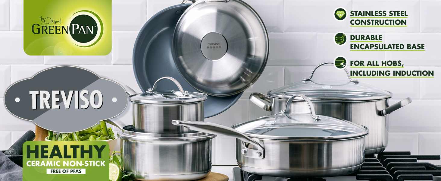 GreenPan Treviso: 10-ти речівий набір посуду з нержавіючої сталі з керамічним антипригарним покриттям, без PFAS, для індукційних плит, сумісний з духовкою, можна мити в посудомийній машині, срібний