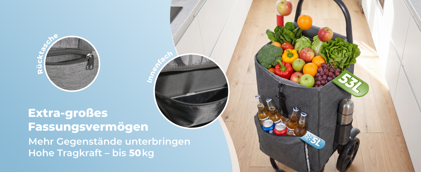 Складаний візок для покупок Homecall 50L з охолодженням, 3-в-1: візок, сумка-тележка, рюкзак (темно-сірий)