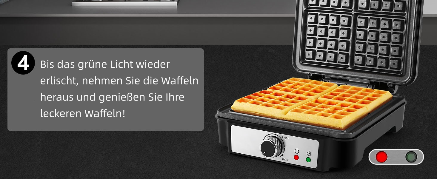 YASHE Belgian Waffle Maker - 4 Square Waffle Plates, 1200W, Non-Stick Coating, Adjustable Browning Control, Overflow Prevention, Silver/Black