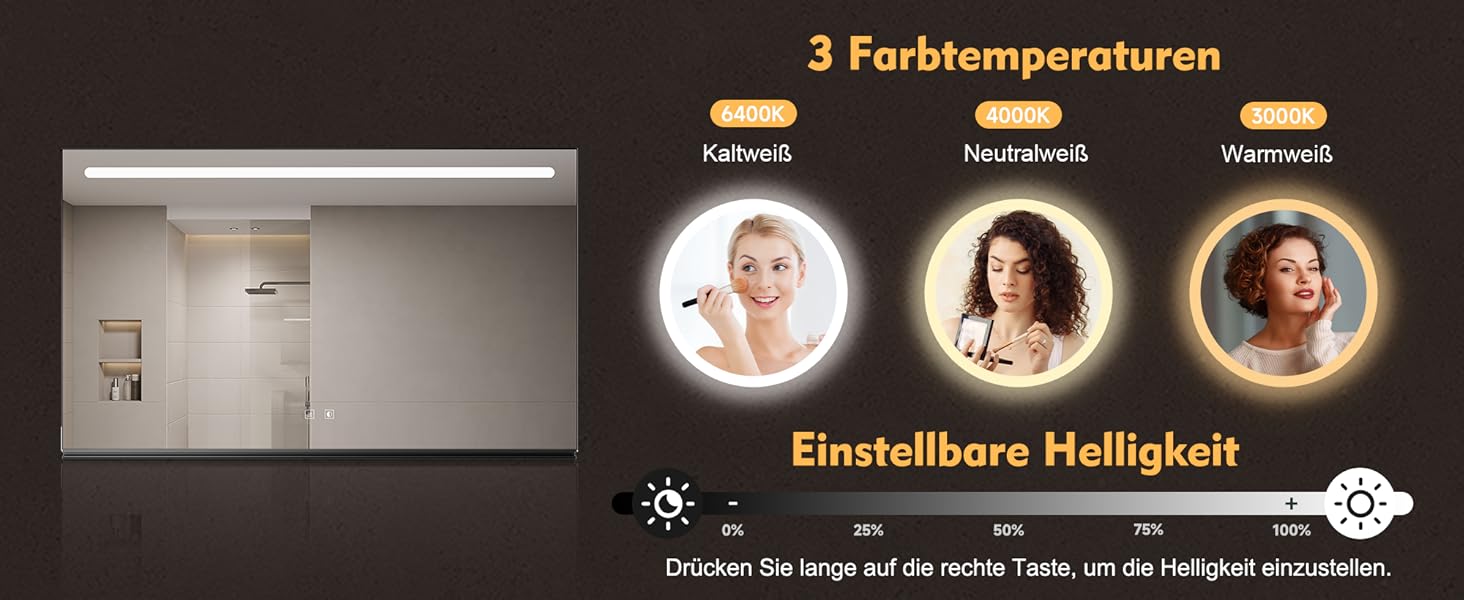 Дзеркало для ванної кімнати SONNI з підсвічуванням 120x60 см, 3 кольори світла, антизапар, годинник, температура, LED, сенсорне управління, білий (полиця 160л, темно-сірий + верхнє світло)