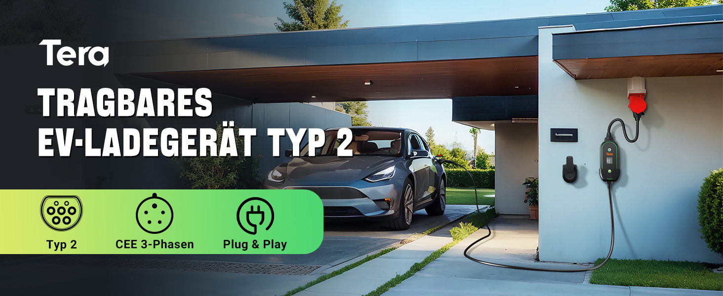 Переносний зарядний пристрій для електромобіля Tera Mobile Wallbox Typ-2 11 кВт, 3 фази, 6-16A, кабель CEE 5 pin 7,5м, регульована потужність, тримач для зарядки