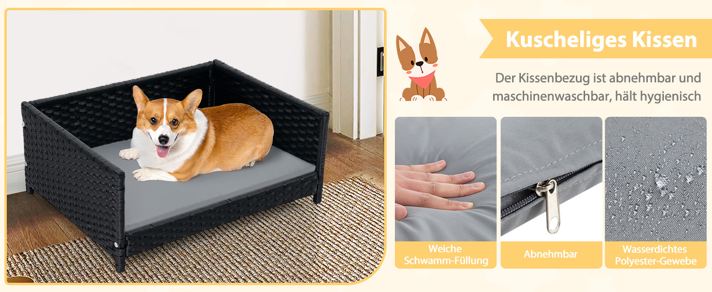 Софа для собак Costway з ротангу PE, лежанка для тварин з знімним подушкою та пральним покриттям, металевий каркас, піднята лежанка для собак маленьких/середніх порід, лежанка для собак для дому та вулиці, 62x46x25 см