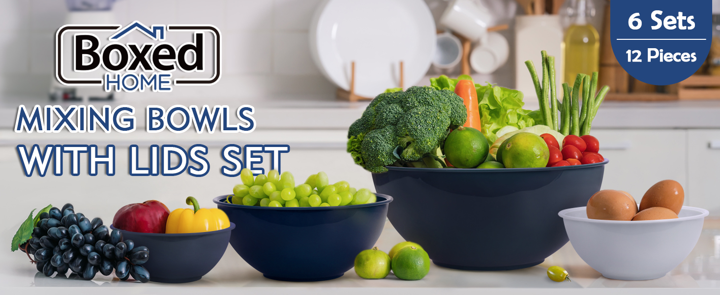 Набір міксерських чаш BoxedHome (12 шт.) з кришками, синій. Багатофункціональні миски для салатів та приготування їжі з пластику, неслизькі, стійкі, для кухні