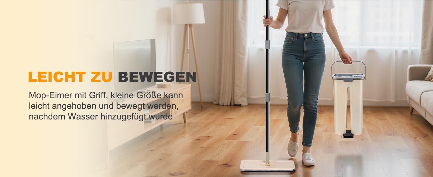 Набір для миття підлоги з відром, Masthome: компактний моп з відром та вичавкою, 3 мікрофібрових насадок, нержавіюча сталь, 2-в-1, для дерев'яних, плиткових та мармурових підлог, бежевий, 2.9л