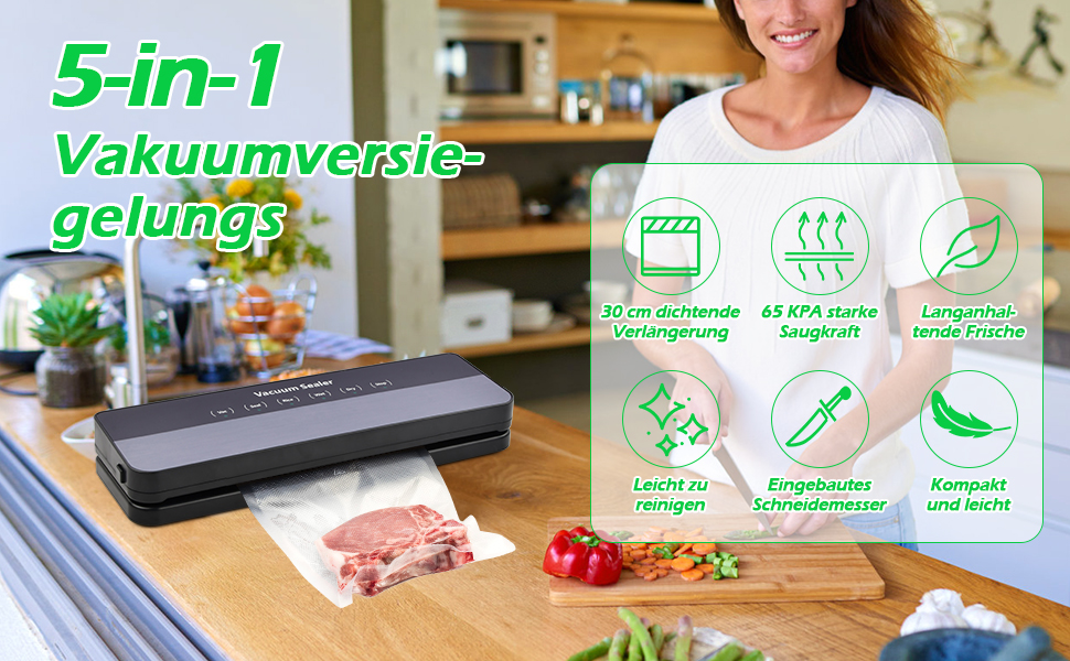 Вакуумний пакувальник Focenat 5-в-1, 65 KPA, для зберігання продуктів, з 10 пакетами, зварювальна швейна лінія 30 см