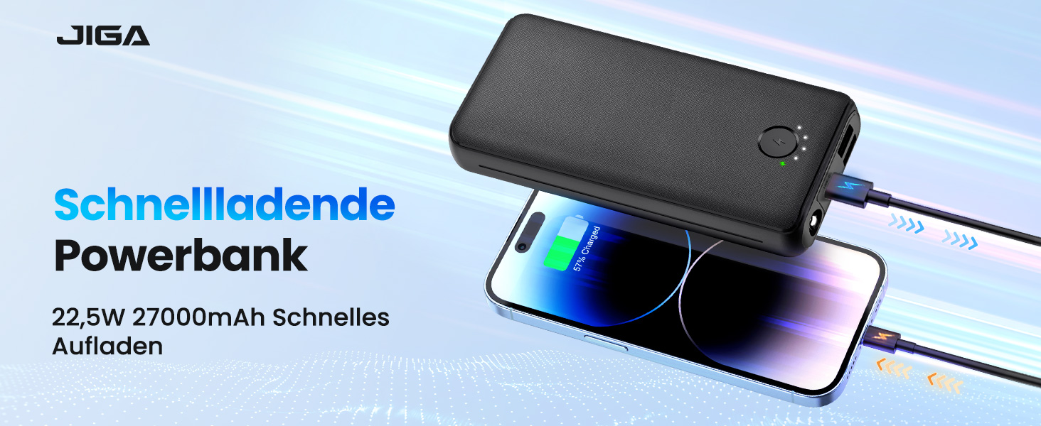 Power Bank JIGA 27000mAh 22.5W з PD 20W, USB-C, ліхтарик, чорний, сумісний з iPhone, Samsung, Huawei, iPad