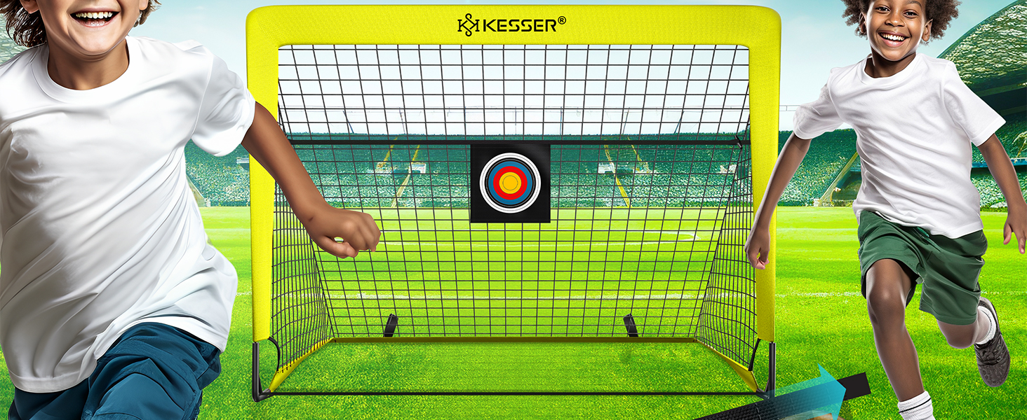 Ворота для футболу KESSER® для дітей, 2 шт. | Розкладні ворота з скловолоконними штангами та міцними сітками для гри в приміщенні, на вулиці та в саду | У комплекті: сумка для перенесення, 6 конусів, м'яч, мішень