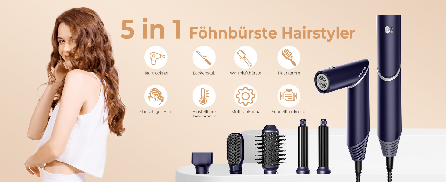 Фен-щітка 5 в 1 для волосся: сушка, укладка, локони, об'єм (блакитний)