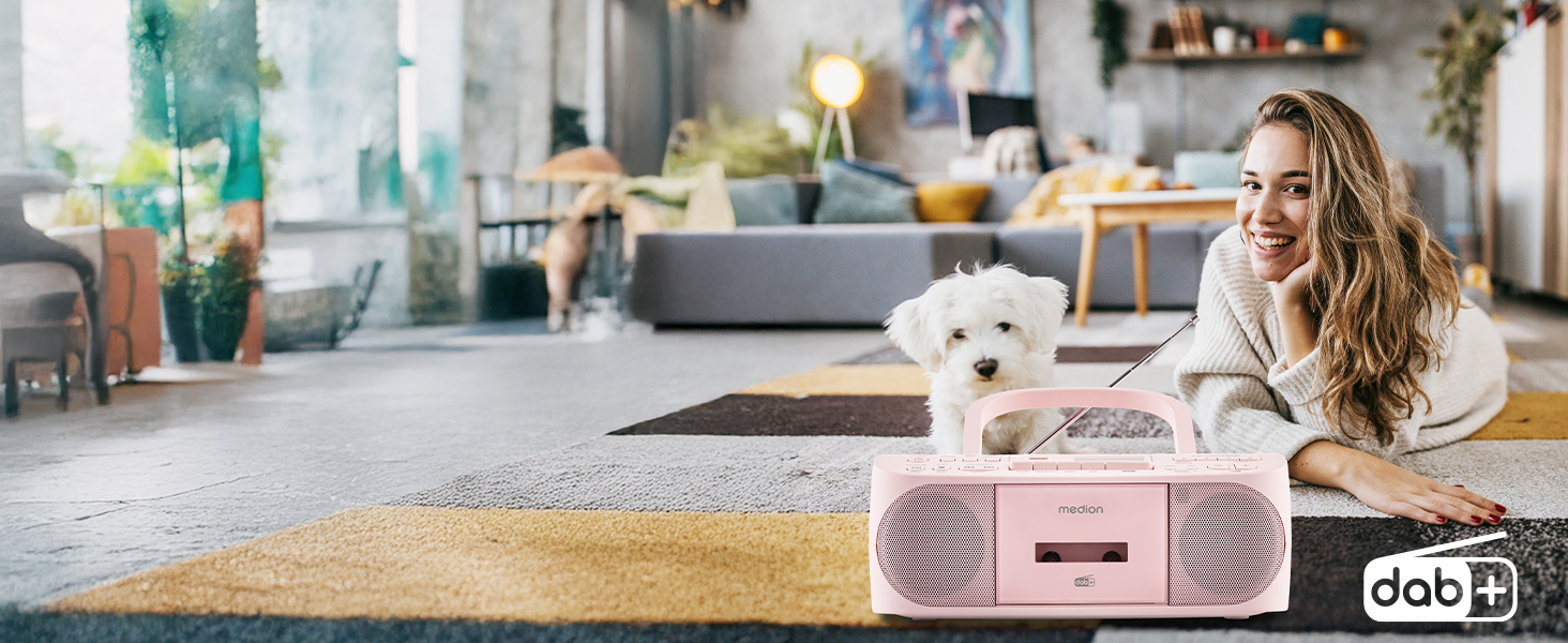 MEDION DRX-1 Plus Boombox: Портативна радіосистема з DAB+, Bluetooth, CD-плеєром, MP3, касетним провідником, AUX, акумулятором та мережевим живленням, зелений/рожевий колір