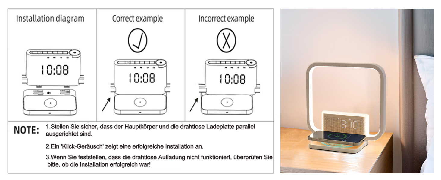 Нічна лампа RETEYUNG з бездроговою зарядкою 10W, 2 будильники, денний світловий будильник, 10 заспокійливих звуків, торкання, регулювання яскравості (3 рівні) (Сучасний дизайн)