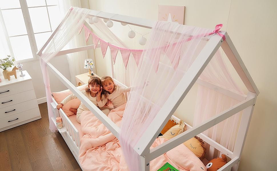 Набір декору для дитячого ліжка ALAVYA HOME, 4 предмети: 2 балдахіни, гірлянда 300 см, світлодіодна стрічка, 100% біо-бавовна, рожевий, для дитячої кімнати