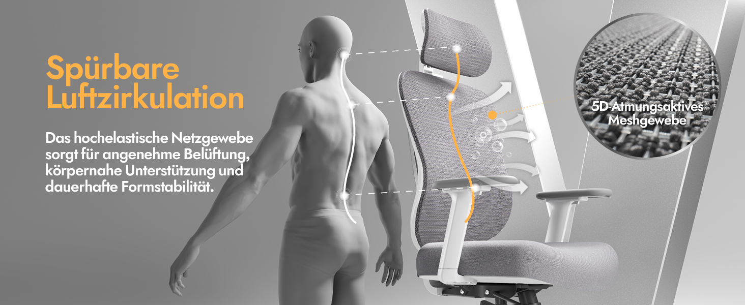 Ергономічне офісне крісло HOLLUDLE з 3D-підтримкою попереку та регульованими підлокітниками, V-подібна спинка, біле