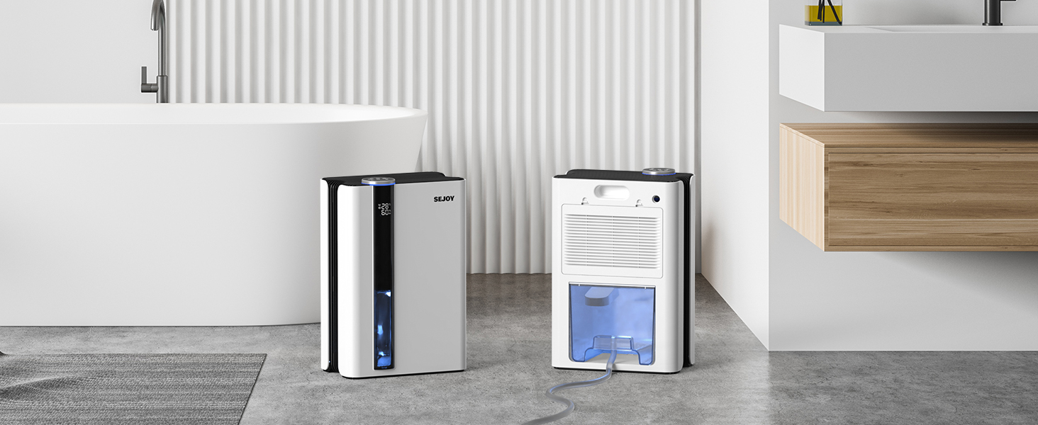 Електричний осушувач повітря Sejoy з пультом дистанційного керування, LED-індикатором вологості, резервуаром 2,5 л, продуктивністю 1000 мл/день, 7-кольоровою підсвіткою, портативний, тихий режим сну 35dB