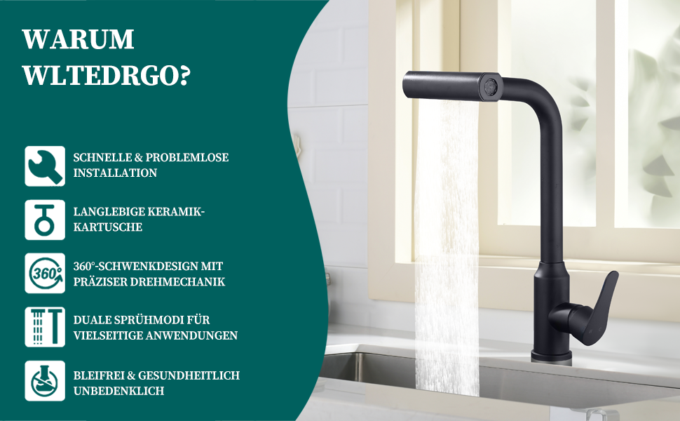 Кухонний змішувач водопровідний висувний з душем, 360° поворот, 4 режими, з нержавіючої сталі, чорний