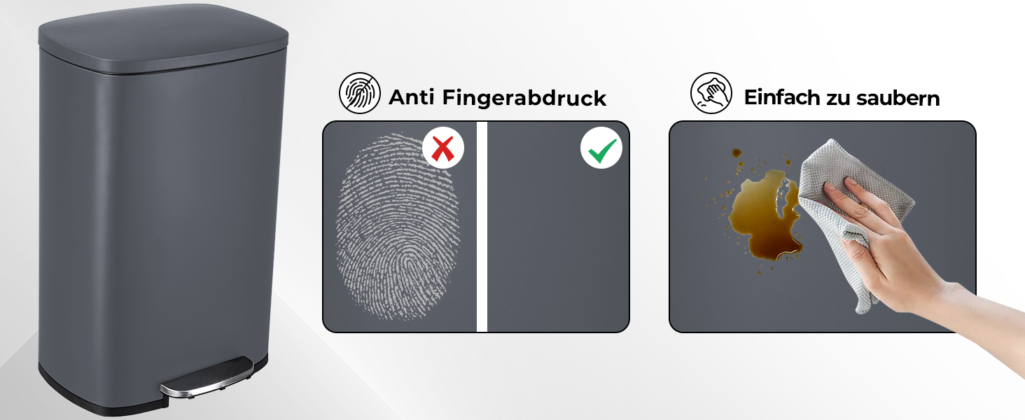Відро для сміття LIFERUN 30л з кришкою, з м'яким закриттям, сталеве, з внутрішнім відром, для кухні, ванної кімнати, офісу (L-50L, сірий)