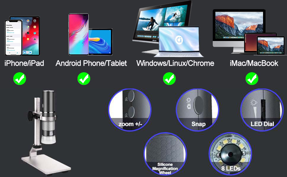 4K WiFi мікроскоп Ninyoon з професійним штативом та чохлом для iPhone, Android, PC, iPad, Android Tablet, Windows, Mac, Chrome, Linux (сірий)
