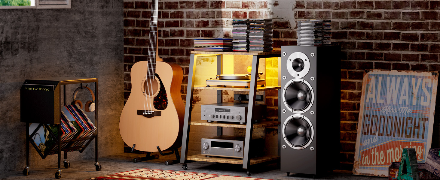 Lifewit Полиця HiFi для вінілу з колесами, регульованими полицями, розетками та LED-підсвіткою, чорно-коричнева, 60x55x90 см