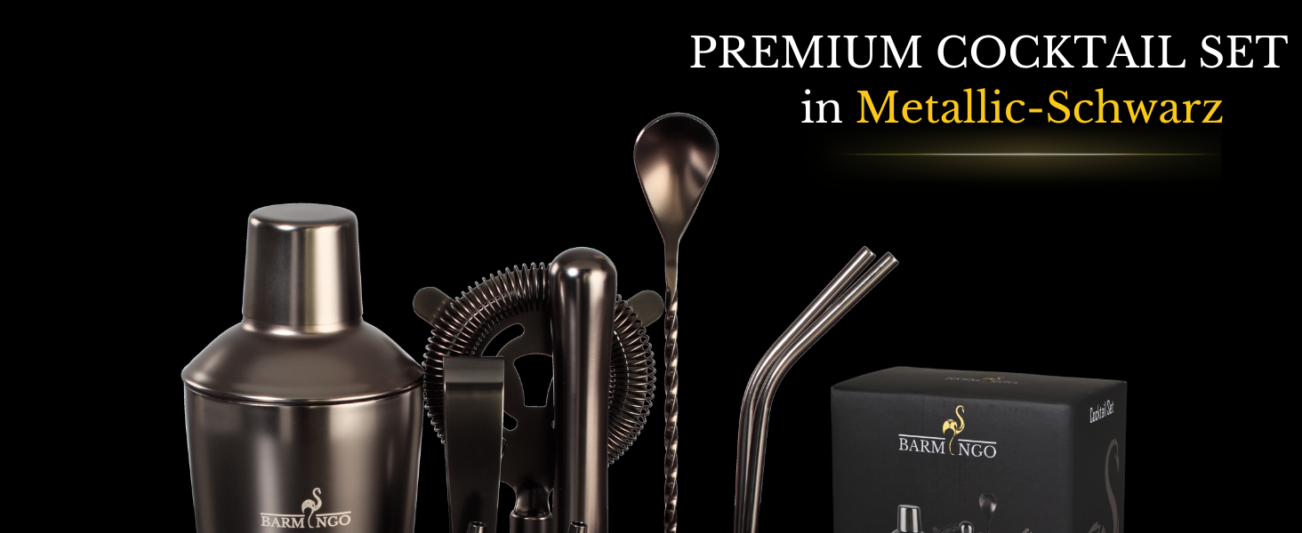 BARMINGO Stainless Steel Cocktail Set - 11 Piece Bar Set with Shaker, Stand & Accessories | Cocktail Shaker Set | Bartender Set | Cocktail Mixing Set | Bar Set | Gift Set | Black Metallic Black