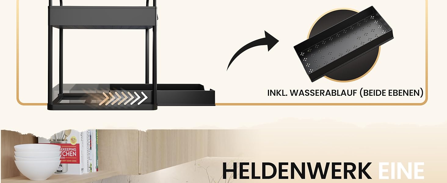 Органайзер для шафи під мийкою HELDENWERK, двоярусна стійка полиця для кухні, чорна, посилена