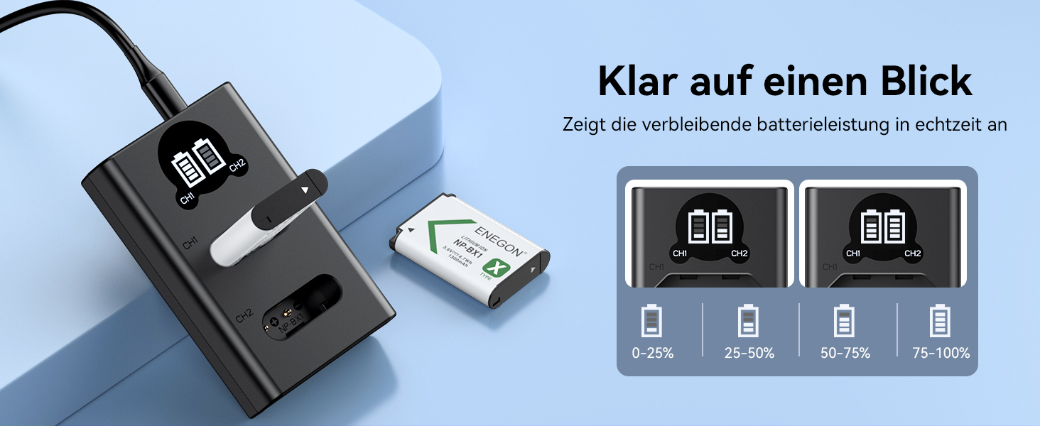 Акумулятор ENEGON NP-BX1 (1300mAh, 2 шт.) з LCD-зарядним пристроєм для Sony NP-BX1, ZV-1, Cyber-Shot DSC-RX100 (усі моделі) та HDR-CX405