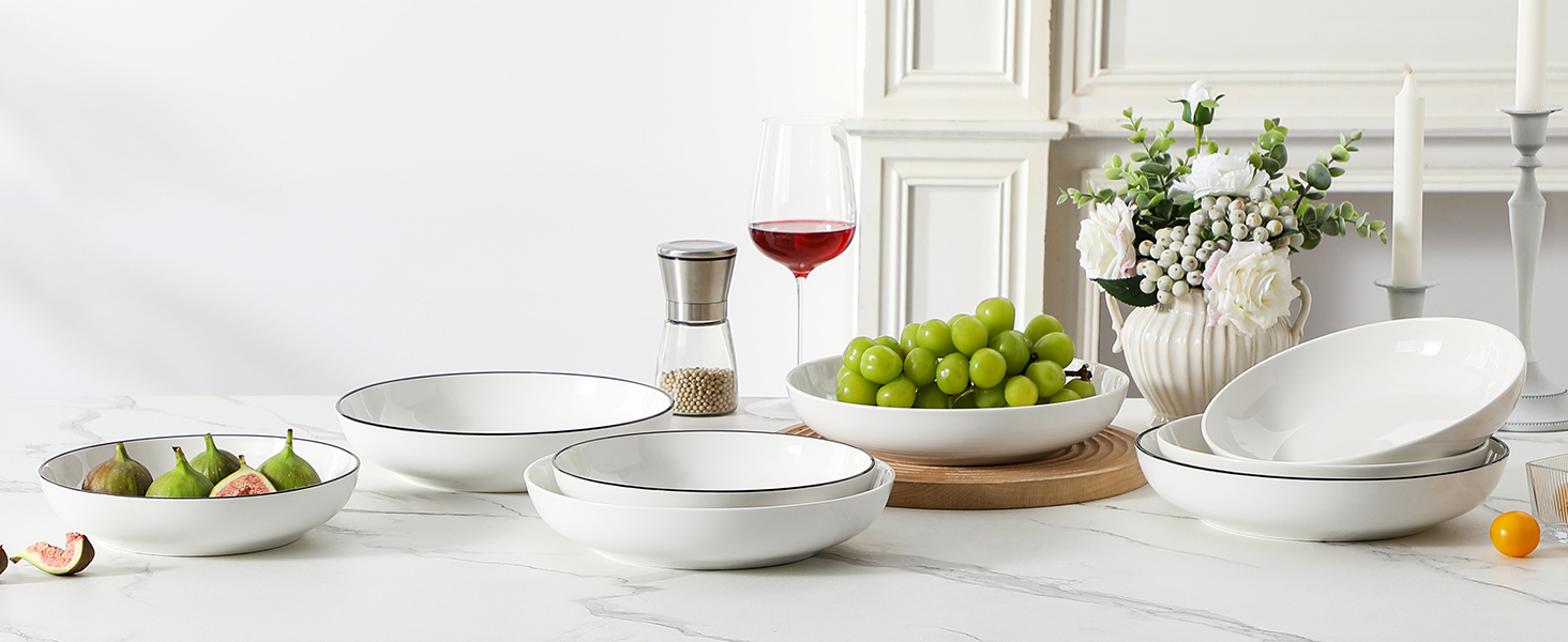 MALACASA Набір посуду 6 предметів: тарілки для пасти, супу, салату, сервірування. Глибокі тарілки для спагеті, велика супова миска. 1250 мл, білий з чорним обідком. Кераміка, преміум якість.