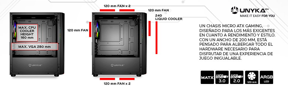 Ігровий корпус для ПК UNYKA GLAYZE Micro ATX, ARGB підсвітка, загартоване скло, 120мм ARGB вентилятори, USB 3.0/2.0