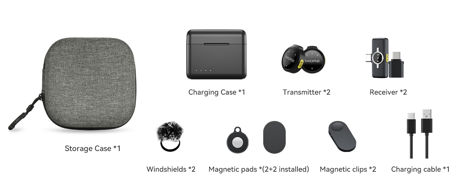 Мікрофон-лапка 1MORE бездротовий (2TX + 2 RX + кейс) для iPhone/Android/PC, шумозаглушення, 48kHz/24-Bit, 100м, 18год, відеозйомка, Vlog