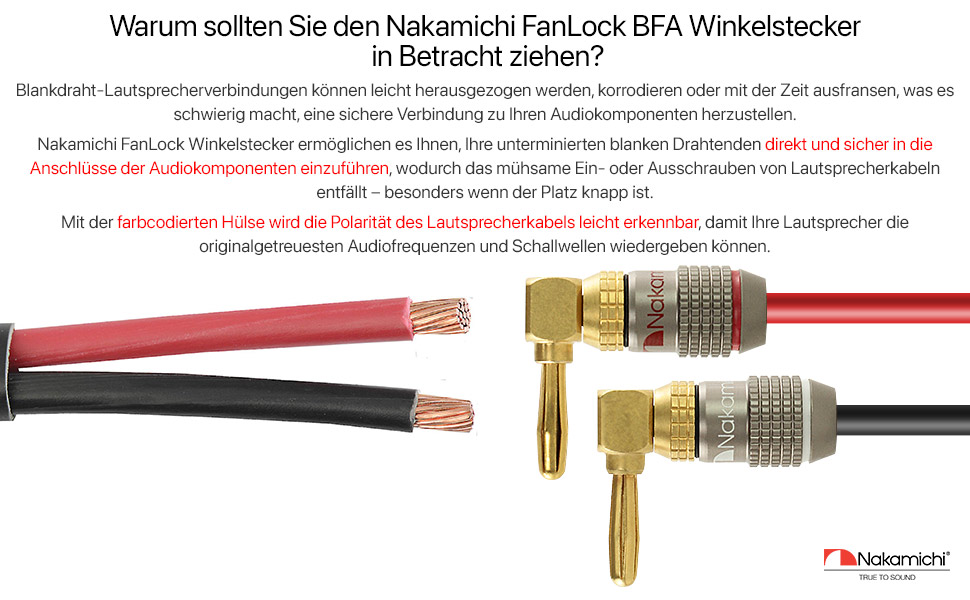 Бананові конектори Nakamichi FanLock Excel-Serie, позолочені правокутні роз'єми для акустичних кабелів Hi-Fi та домашнього кінотеатру, 10-18 AWG, 4 мм, 4 шт (2 пари)