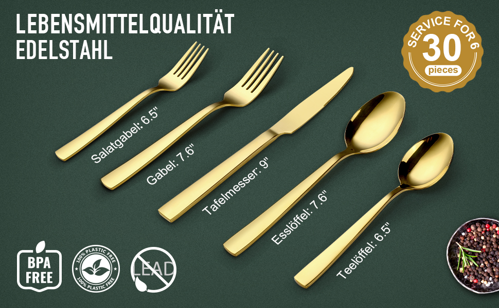 Набір столових приборів OGORI для 6 осіб, 30 предметів, з дзеркальним поліруванням, нержавіюча сталь 18/10, набір столових приборів для дому/вечірки/ресторану (подарункова коробка)