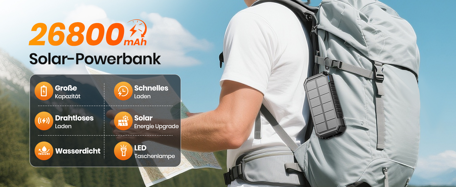 Портативний зарядний пристрій ADDTOP Solar Power Bank 26800mAh з сонячною панеллю, USB-C, 3.0A, 4 виходи для смартфонів та планшетів, ліхтар для кемпінгу та відпочинку на природі (Чорний)