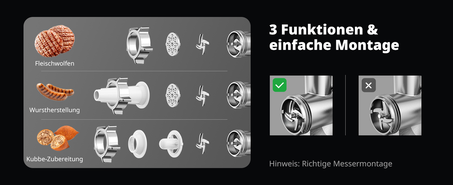 М'ясорубка електрична AIRMSEN з насадкою для ковбас, 2 сталеві ножі, 3 диски, насадка Kubbe, потужний мотор, нержавіюча сталь