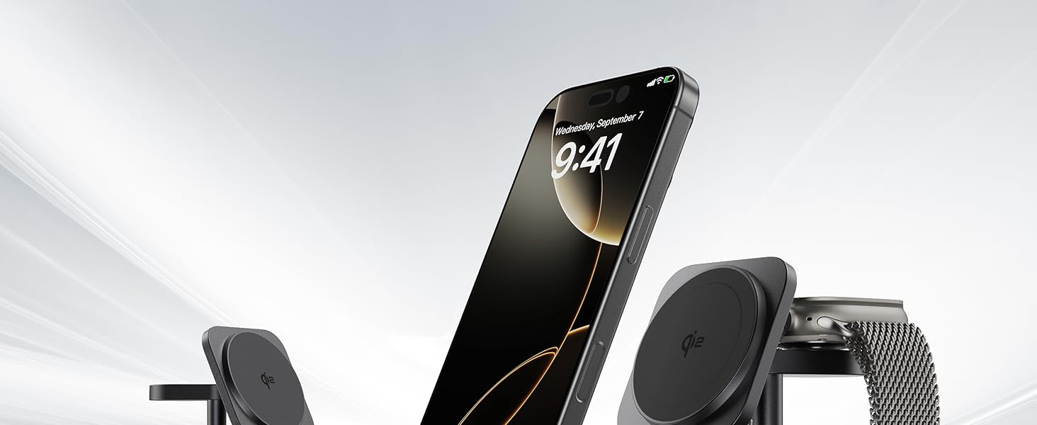 LULULOOK Qi2 Magsafe Зарядна станція 3 в 1 з алюмінію для Apple Watch та iPhone: 15W швидка зарядка для iPhone 17 Pro Max/Pro/Air/17, 5W для Apple Watch Ultra, AirPods. Титан.