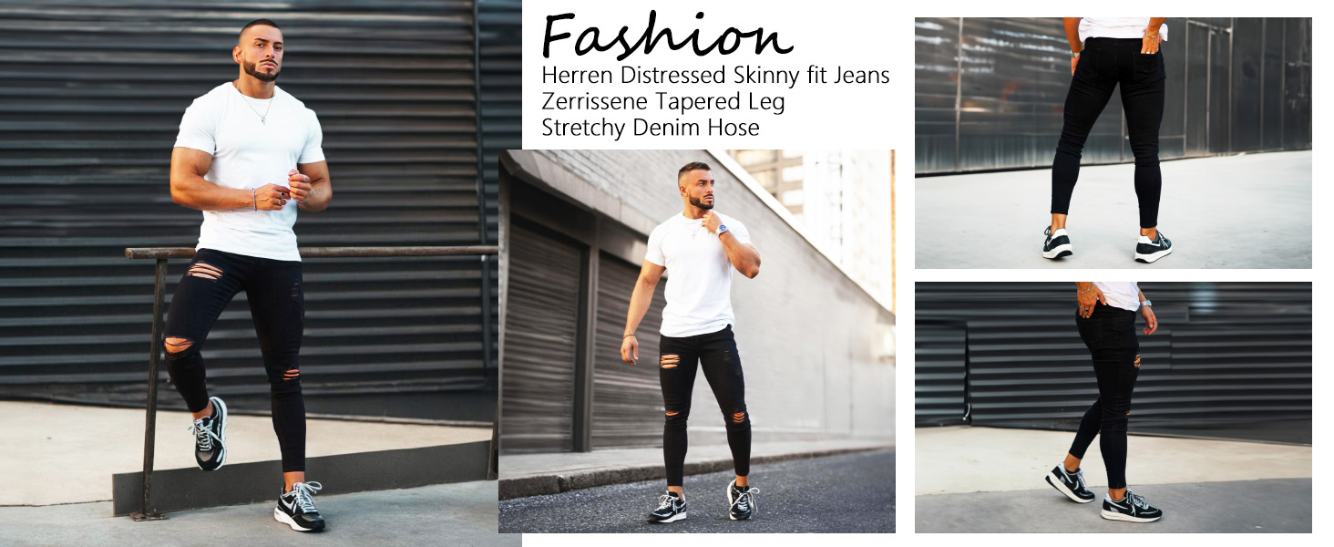 Чоловічі рвані джинси GINGTTO Skinny Stretch Denim Slim Fit, чорні, 32W/30L