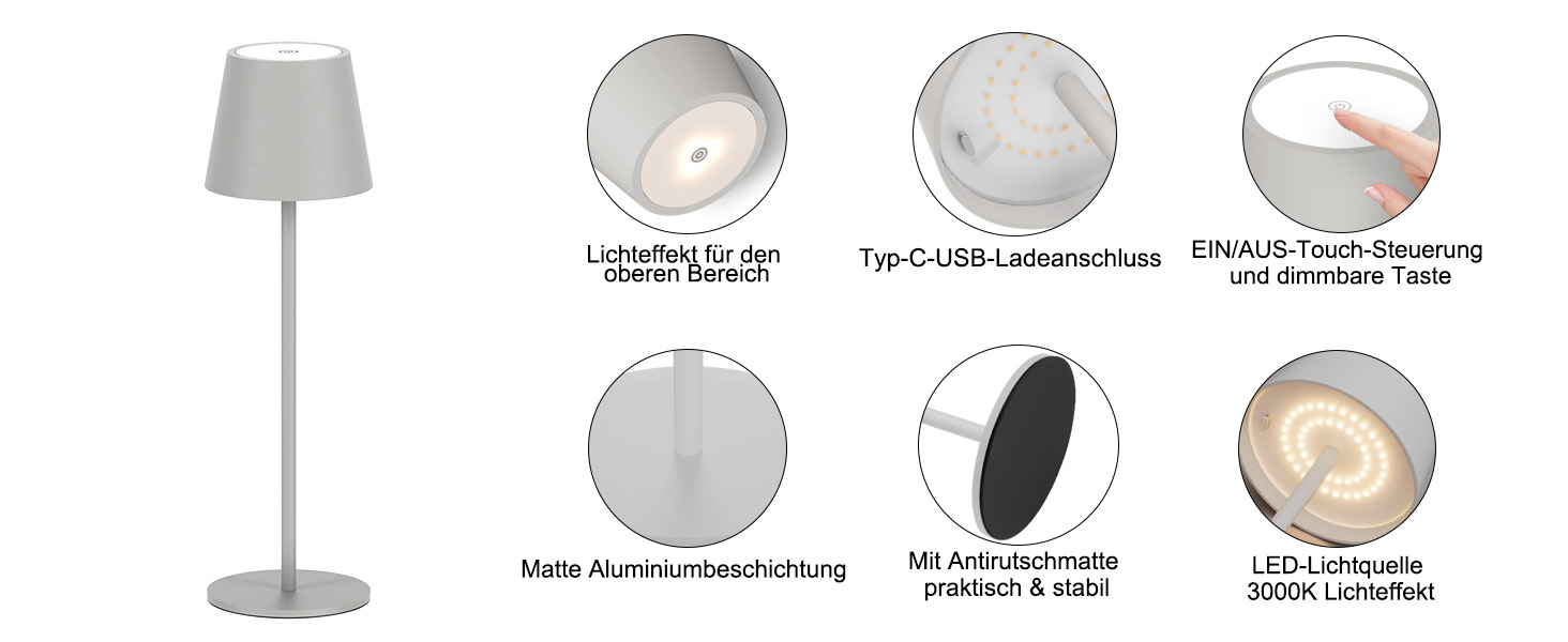 LED-лампа Klighten 2 шт. на акумуляторі, сірого кольору, диммування, бездротова, перезаряджувана, тепле світло 3000K, для дому та вулиці, USB-C, алюміній, IP54, вологостійка, сіра