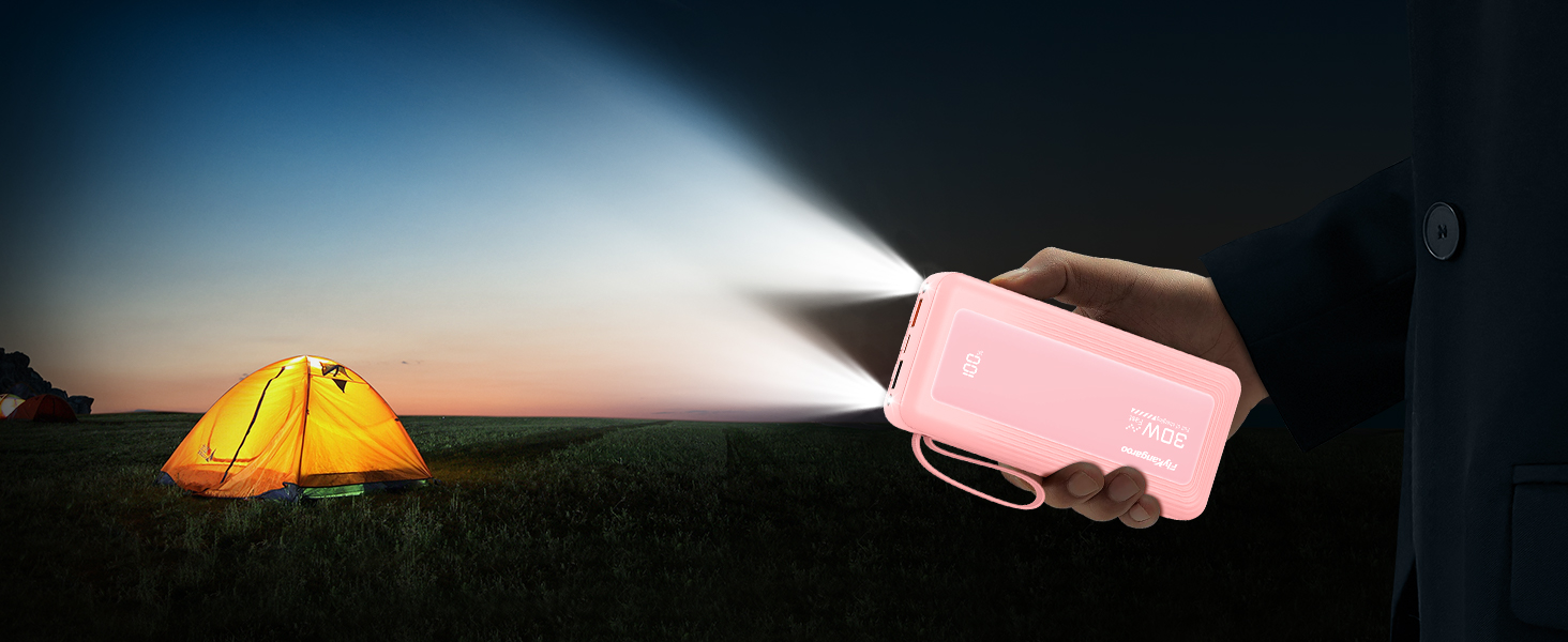 Повербанк 27000mAh з 4 вбудованими кабелями, 30W Power Bank USB-C швидка зарядка з LED-дисплеєм для iPhone, Samsung, iPad та Android, рожевий