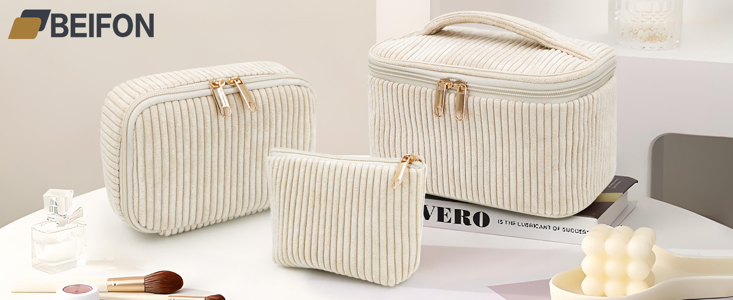 Набір косметичок для жінок: 3 шт. - для макіяжу, подорожей, повсякденного використання. Колір: бежевий